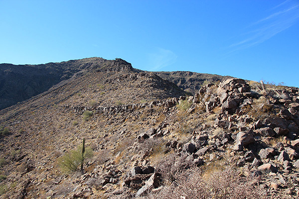 Looking up the east ridge with the prow above