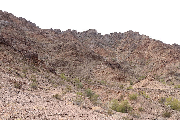 My ascent gully in on the right, just beyond the light-colored rock pile in this view