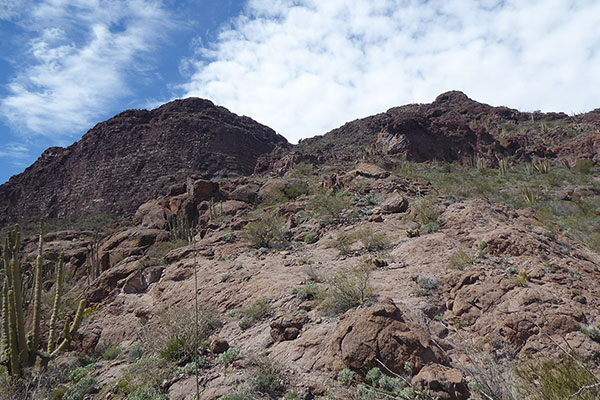 Above the tower we climb this slope and pass the light gray wall higher
