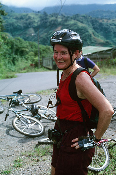 Linda at the top of a steep hill on a hot and humid day