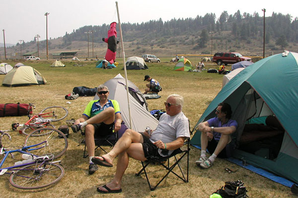 Doug, Pete, Mel, and the Pink Pig at Pagosa Springs campsite