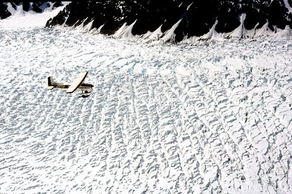Crevasses below us on the Kahiltna Glacier as we fly in