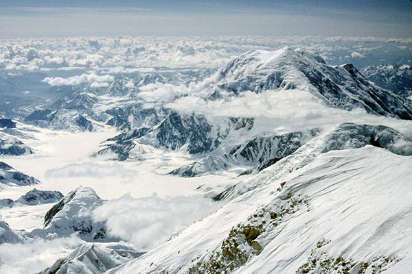 Looking down on the Kahiltna Glacier and Mount Foraker from Denali