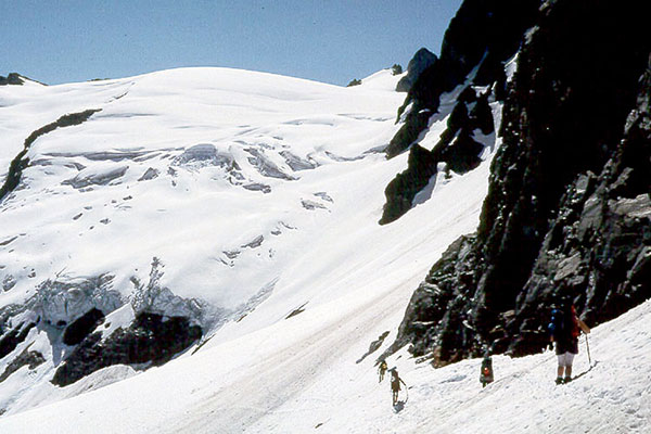 Traversing onto the Le Conte Glacier