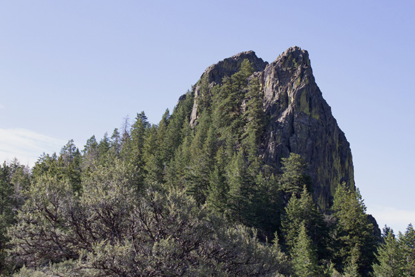 The ascent gully comes into better view above behind trees