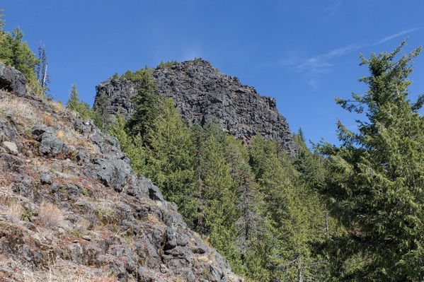 The southwest face of South Pyramid with the forested traverse below